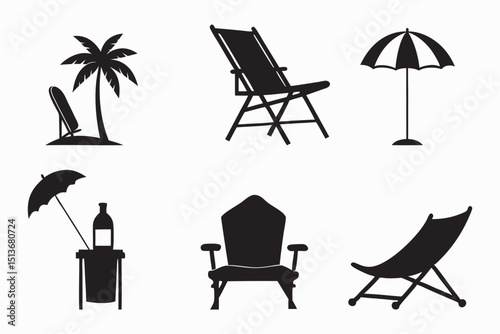 Empty beach chairs with umbrellas and a table on the sand by the sea, perfect for summer relaxation or a tropical cafe design