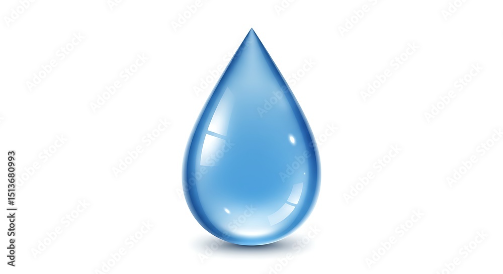 Obraz premium Realistic Blue Water Droplet with Reflections and Shadow on White Background