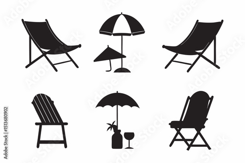 Empty beach chairs with umbrellas and a table on the sand by the sea, perfect for summer relaxation or a tropical cafe design