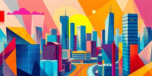 Abstract cityscape with modern buildings, geometric shapes, and vibrant colors,   vector illustration,  skyline