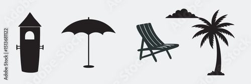 Empty beach chairs with umbrellas and a table on the sand by the sea, perfect for summer relaxation or a tropical cafe design