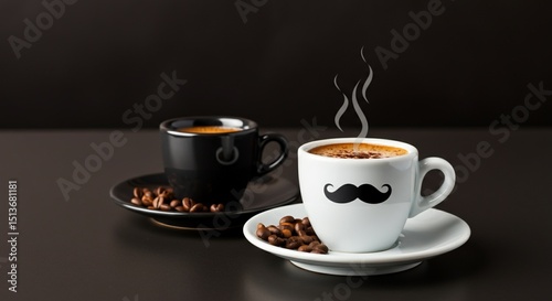Stylish Coffee Cups with Steam and Beans on Dark Background. photo