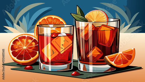 Negroni classic cocktail and gin short drink with sweet vermouth, red bitter liqueur and dried orange garnish