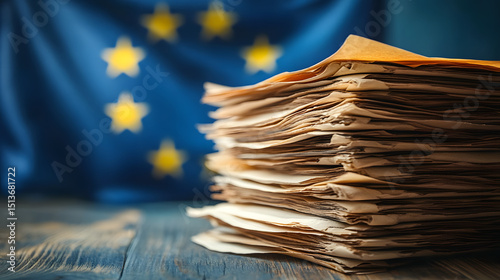 EU Bureaucracy: A Stack of Documents Against a Blurred European Flag