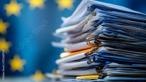 EU Bureaucracy: A Stack of Documents Against a Blurred European Flag