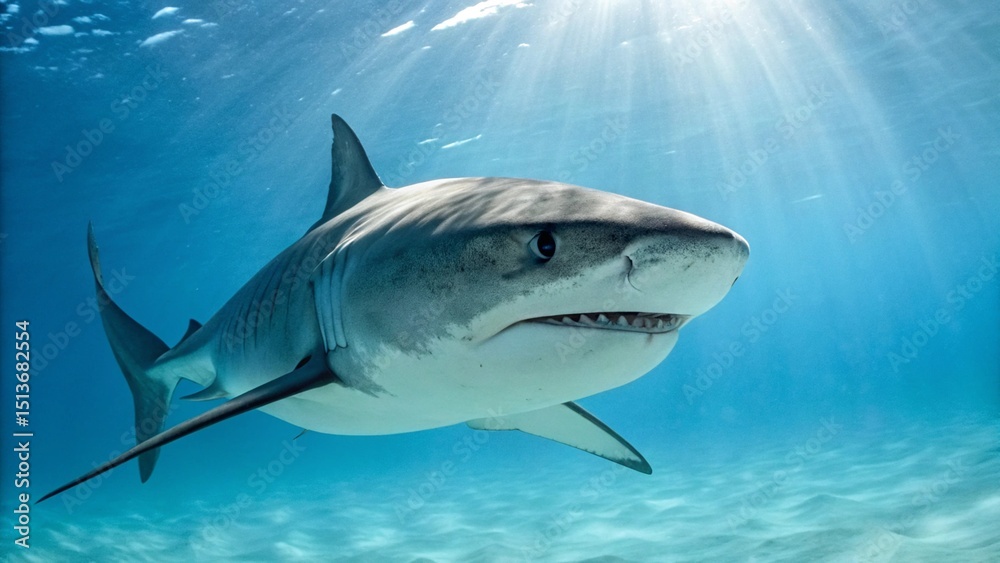 Fototapeta premium A majestic Tiger Shark swims directly towards the camera in crystal clear blue ocean waters, with sunlight rays piercing through the surface, creating an awe-inspiring underwater scene