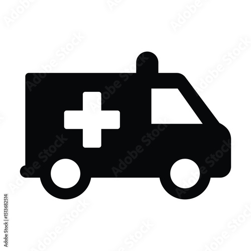 Ambulance vehicle black glyph icon. Urgent medical care. Emergency service. Equipped automobile. First aid. Silhouette symbol on white space. Solid pictogram. Vector isolated illustration.