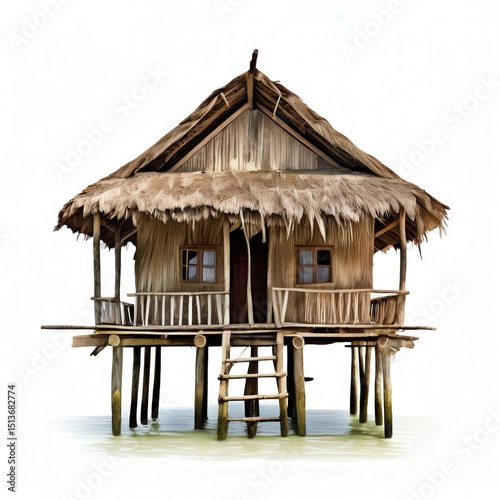 an AI Image Generator, Tropical Stilt House Over Calm Water