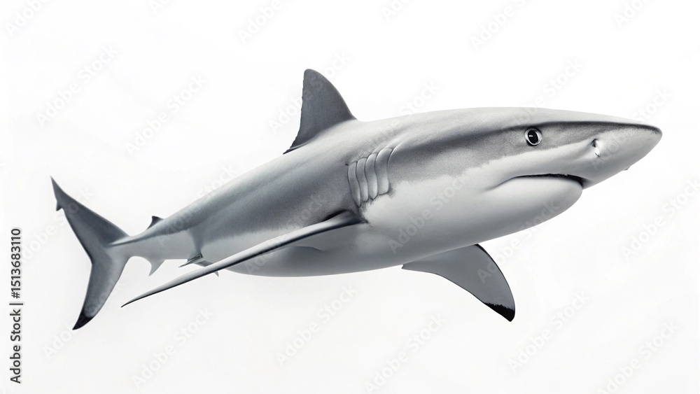 Fototapeta premium A majestic Great White Shark is captured in a powerful, dynamic pose, swimming gracefully through clear blue water on a stark white background, showcasing its formidable presence