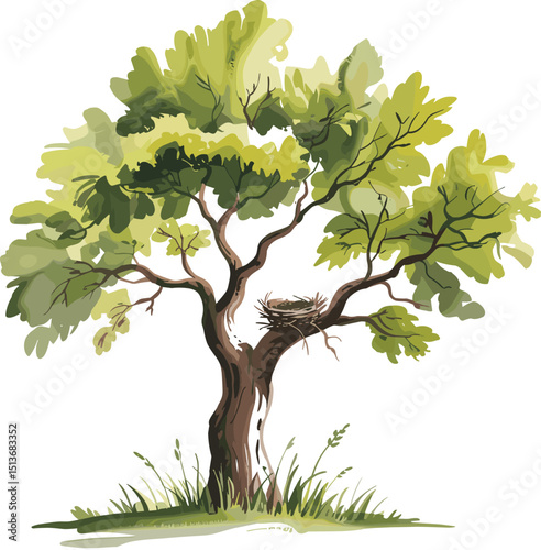 Ultra-Realistic Green Tree with Bird Nest in Spring - Nature Illustration for Wildlife, Eco-Friendly Conservation, High-Resolution Vector Art Design flat vector illustrationV