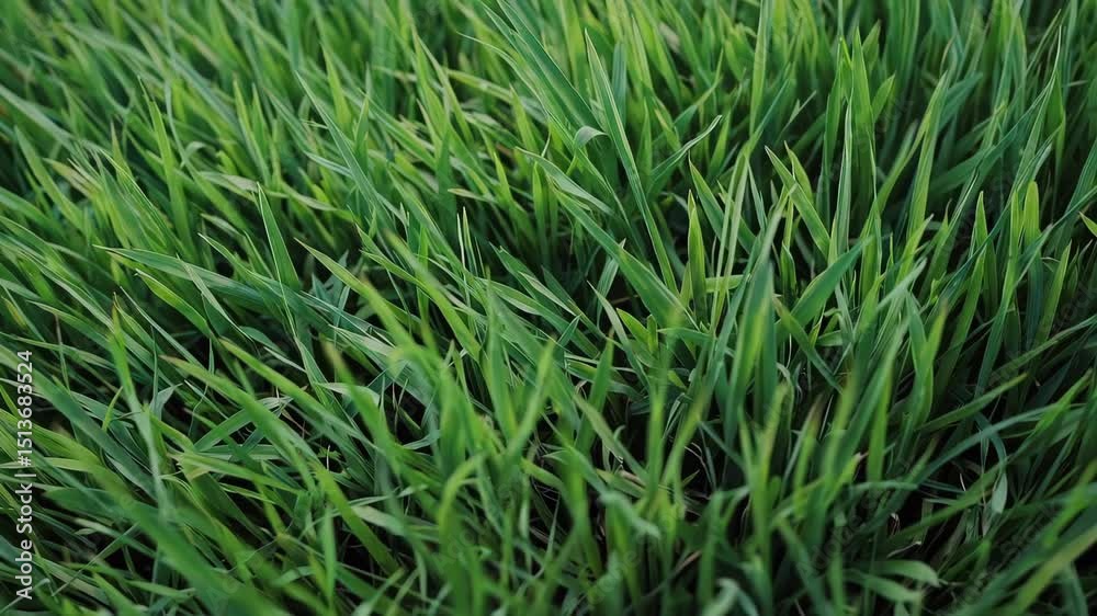 Lush green grass swaying in gentle breeze: capturing nature's rhythmic dance in pristine meadow