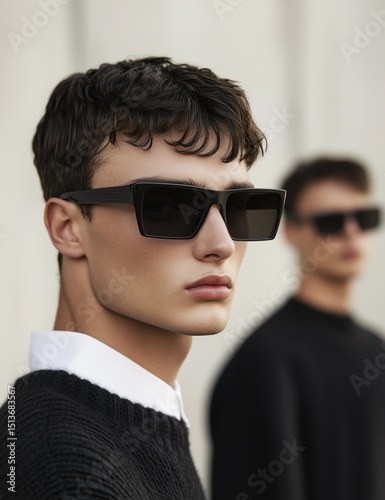 Stylish young man wearing sunglasses strikes a confident pose against a minimalist background in a modern urban setting