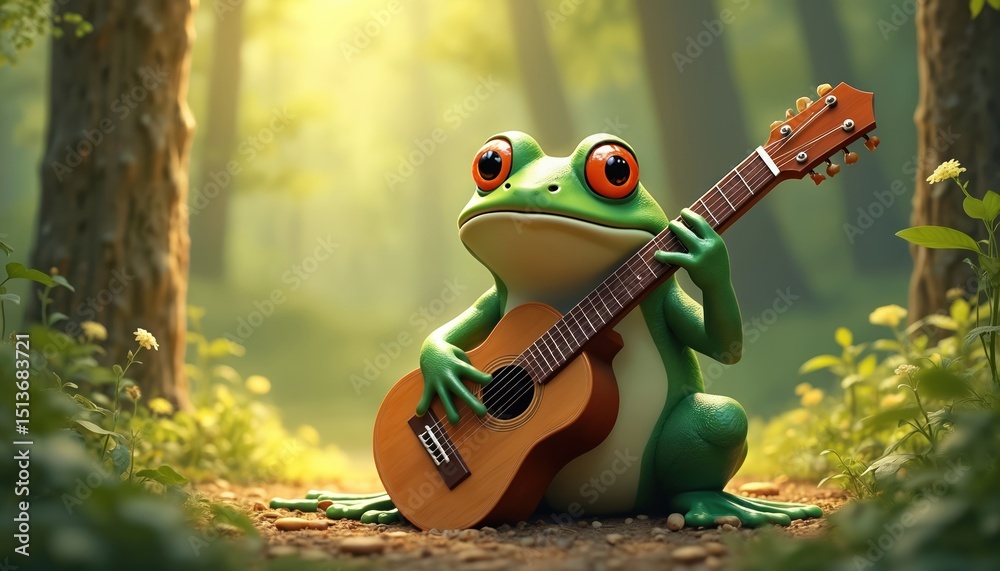 Obraz premium Cute green frog playing acoustic guitar in forest. Wildlife amphibian musician, musical instrument, nature background, creative cartoon animal with big eyes. Fantasy theme, whimsical art.