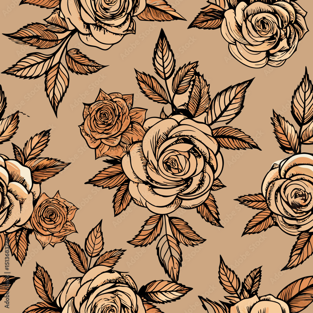 Retro rose bouquets in seamless vector pattern on beige background  
