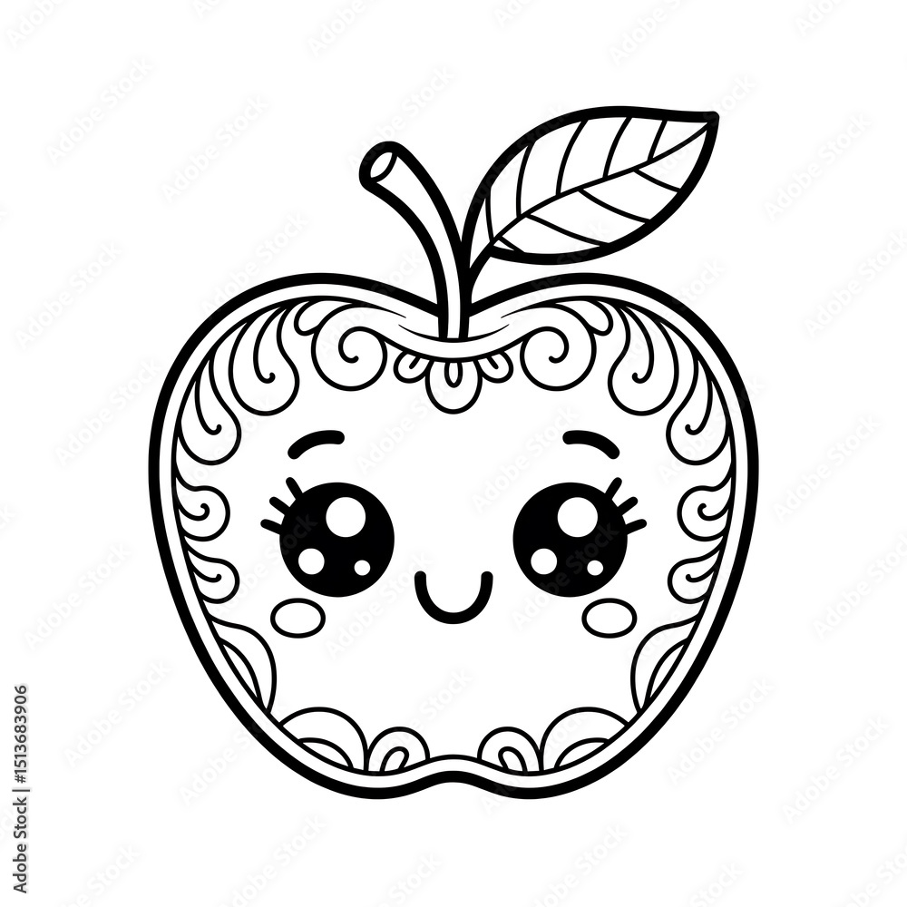 Obraz premium Cute ornate apple kawaii coloring page illustration