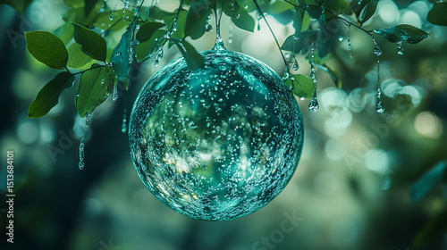 Translucent water droplet globe with interconnected green leaves, eco-friendly water conservation and global sustainability concept