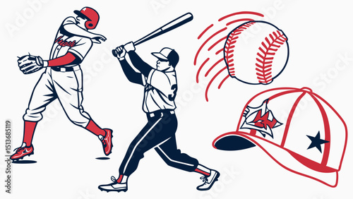 Baseball Icons and Players – Bats, Gloves, Balls, Fields, and Action Graphics