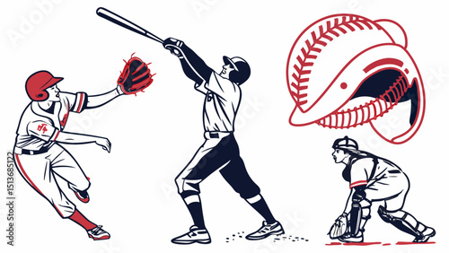 Baseball Icons and Players – Bats, Gloves, Balls, Fields, and Action Graphics