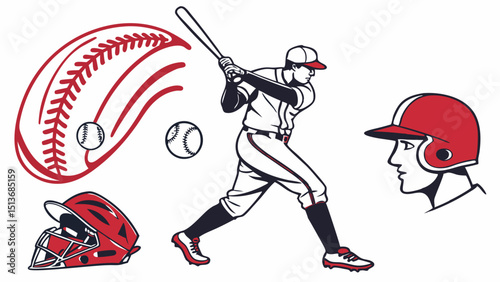 Baseball Icons and Players – Bats, Gloves, Balls, Fields, and Action Graphics