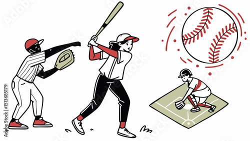 Baseball Icons and Players – Bats, Gloves, Balls, Fields, and Action Graphics