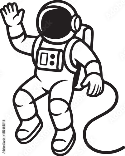 Astronaut floating in space with tether, clean vector art