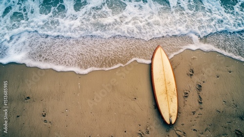 Surfboard resting on shoreline sand with gentle wave patterns approaching