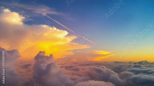 Stunning sunset over clouds with vibrant colors in the sky during evening flight