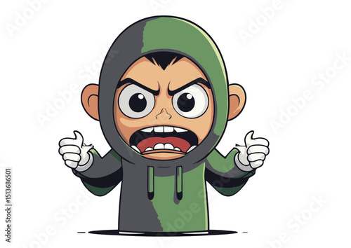 Angry Cartoon Character Illustration  A Digital Drawing of an Enraged Boy in a Hoodie, Perfect for Animations, Comics, or Graphic Designs Needing an Expression of Rage, Frustration, or Defiance.