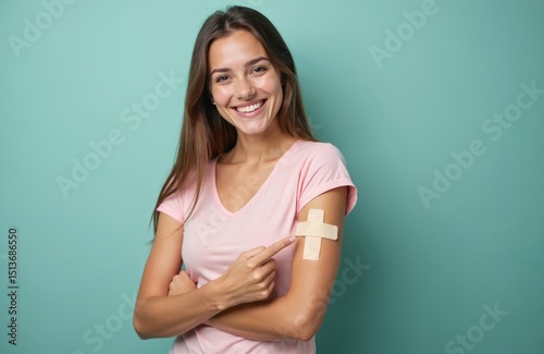Smiling young woman shows arm with adhesive bandage after vaccination. Positive female points finger to bandage, showing successful inoculation. Covid-19 vaccine, health, wellness, protection against