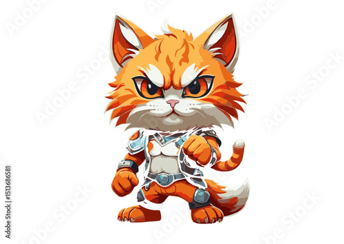 Fierce Orange Warrior Cat Illustration Digital Art of a Powerful Feline Character, Anime Style, Fantasy, Cartoonish, Gaming