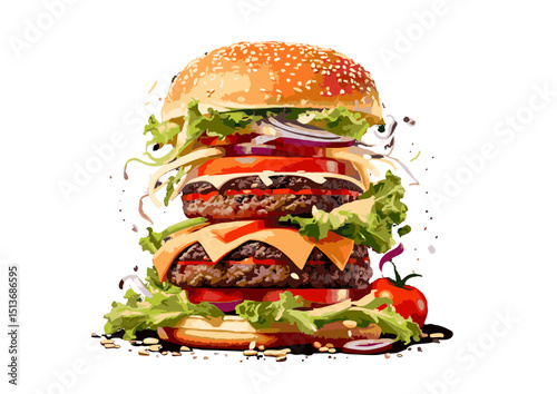 Juicy Double Cheeseburger A mouthwatering gourmet burger stacked high with two juicy patties, melted cheese, crisp lettuce, ripe tomatoes, and red onions, perfect for satisfying your burger cravings.