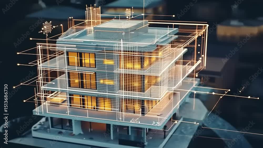 Modern architectural design featuring a multi-story building with illuminated windows at dusk