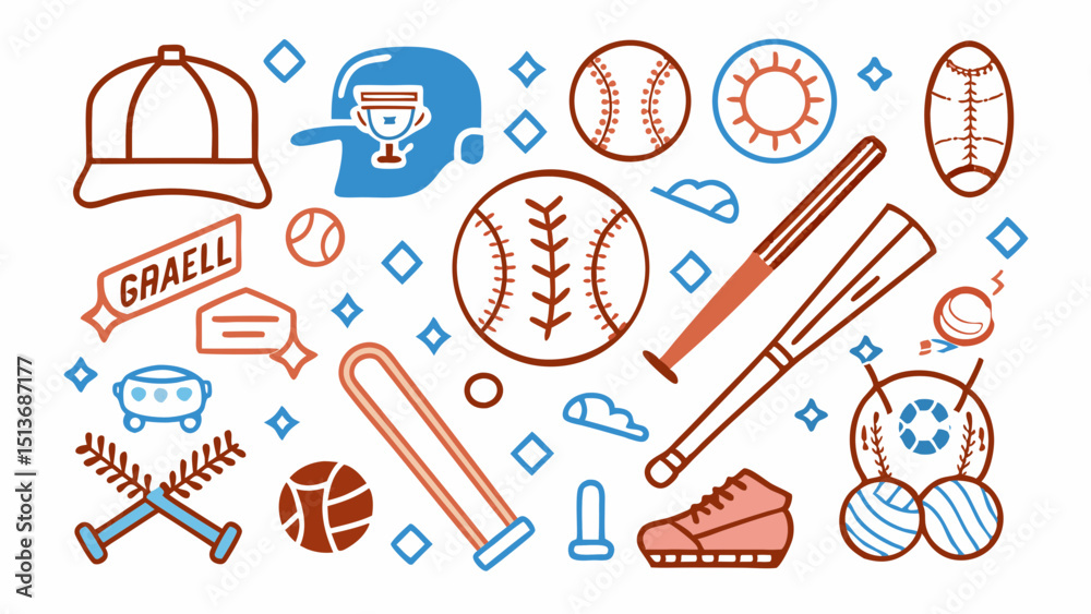 Fototapeta premium Baseball Colorful Line Art Icons – Bats, Balls, Helmets, Jerseys, Equipment