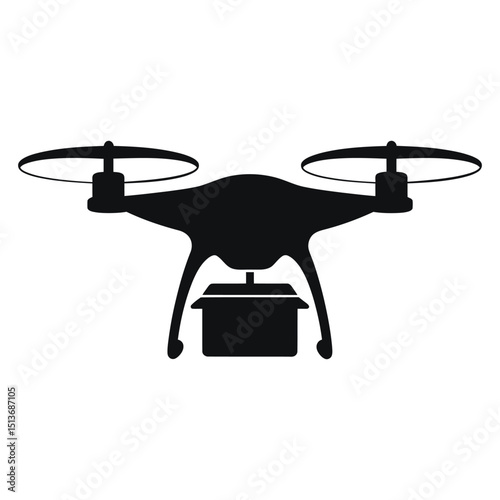 drone food delivery, A simple, black and white vector graphic of a drone carrying a package.