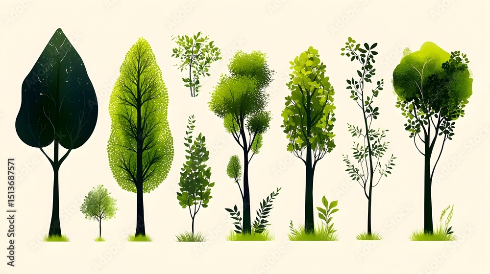 Fototapeta premium A digital illustration showcasing a diverse collection of stylized trees, varying in height, shape, and foliage density, rendered in a painterly, 