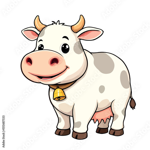 A Whimsical Cartoon Cow with a Golden Bell Illustration for Sticker Design