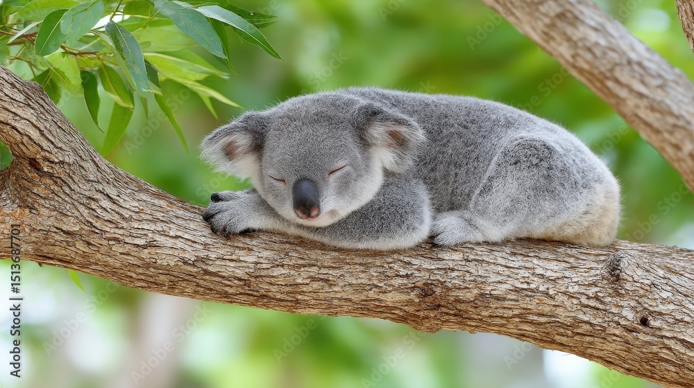 Naklejka premium Sleeping Koala on Tree Branch - Adorable koala bear resting peacefully on a tree branch, surrounded by lush green foliage