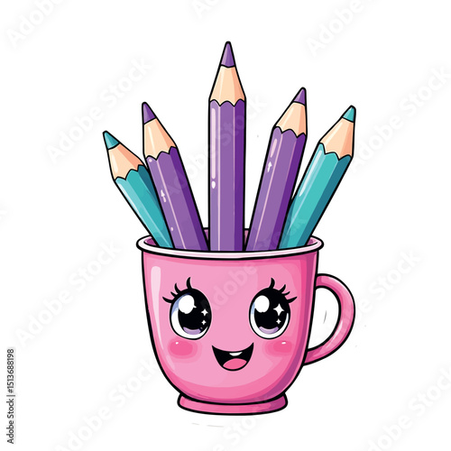 A Collection of Colorful Pencils in a Smiling Kawaii Cup Stationery Illustration
