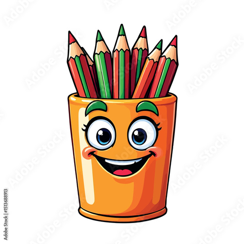Cheerful Stationery Companion A Cute Animated Pencil Holder Sticker Illustration Design