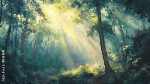 Tranquil forest scene with sunbeams streaming through the canopy illuminating foliage