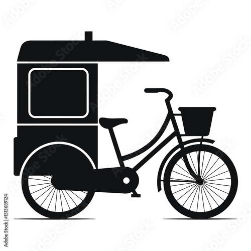 food delivery bicycle, Stylish black and white illustration of a food delivery bike.