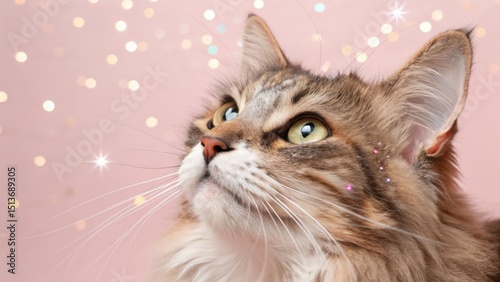 Cat looking up with sparkling background for International Cat Day   photo