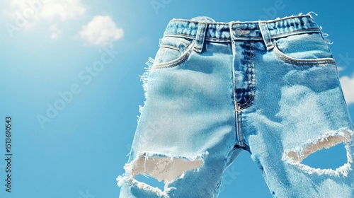 Damaged Jean Shorts with Holes and Tears Drying Under Blue Sky