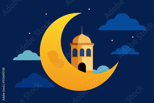 golden crescent moon cradling a miniature mosque