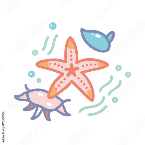 Marine Life, Nautical Elements line icon Vector of sea creatures, sailing, underwater exploration, sailboat, lighthouse, ship, anchor, compass, coral reef thin linear illustration.