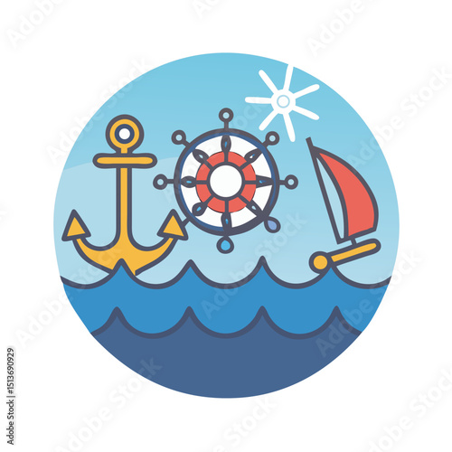 Marine Life, Nautical Elements line icon Vector of sea creatures, sailing, underwater exploration, sailboat, lighthouse, ship, anchor, compass, coral reef thin linear illustration.
