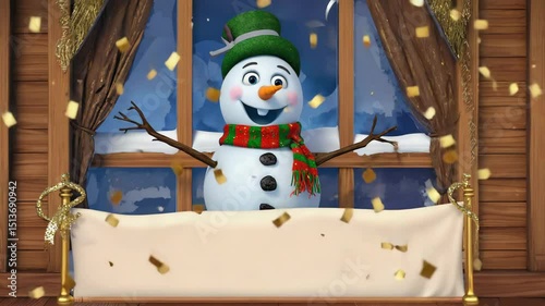 Snowman celebrates winter joy with confetti and cheerful atmosphere in a cozy cabin during the festive season