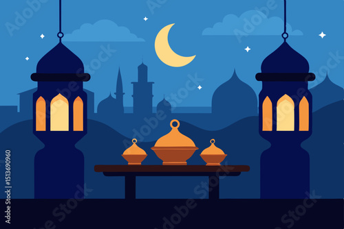 iftar table with fading daylight in the