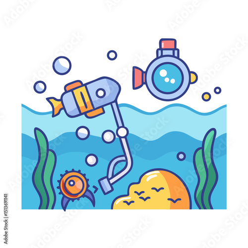 Marine Life, Nautical Elements line icon Vector of sea creatures, sailing, underwater exploration, sailboat, lighthouse, ship, anchor, compass, coral reef thin linear illustration.