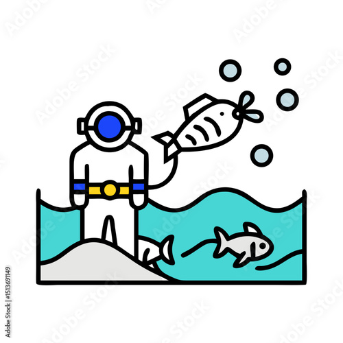 Marine Life, Nautical Elements line icon Vector of sea creatures, sailing, underwater exploration, sailboat, lighthouse, ship, anchor, compass, coral reef thin linear illustration.